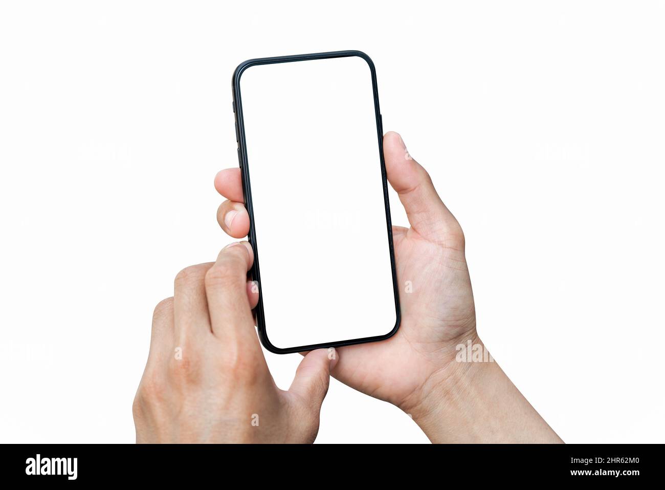 Male hand holding smartphone with blank screen isolated on white background. Stock Photo