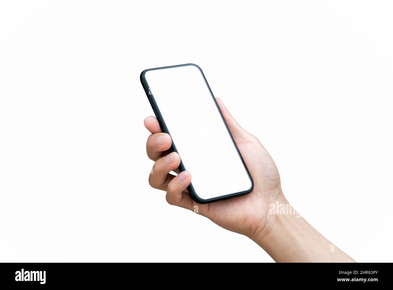 Male hand holding smartphone with blank screen isolated on white background. Stock Photo