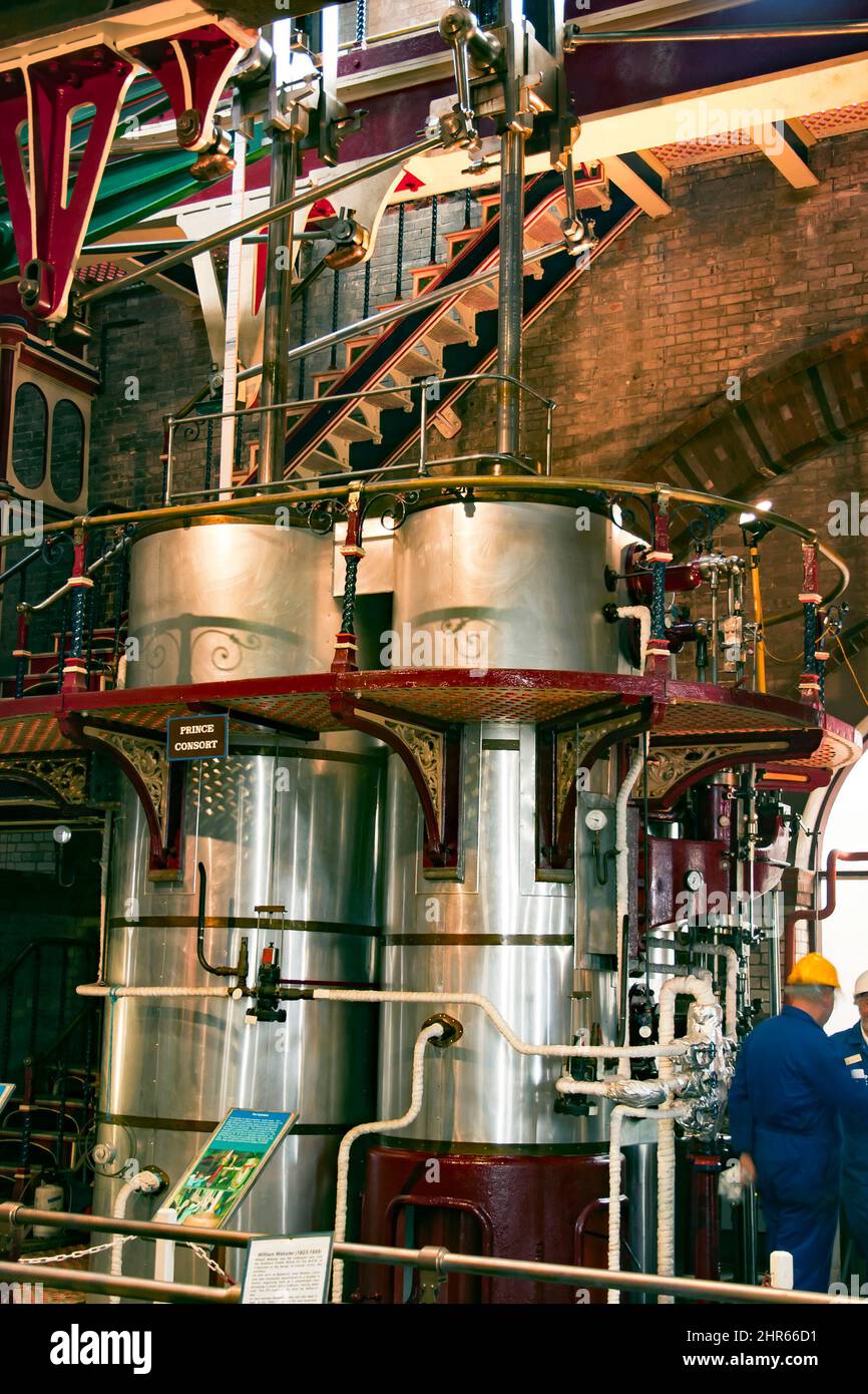 View of the restored 'Prince Consort'  Victorian pumping engine, at the Crossness Pumping Station, Thamesmead Stock Photo