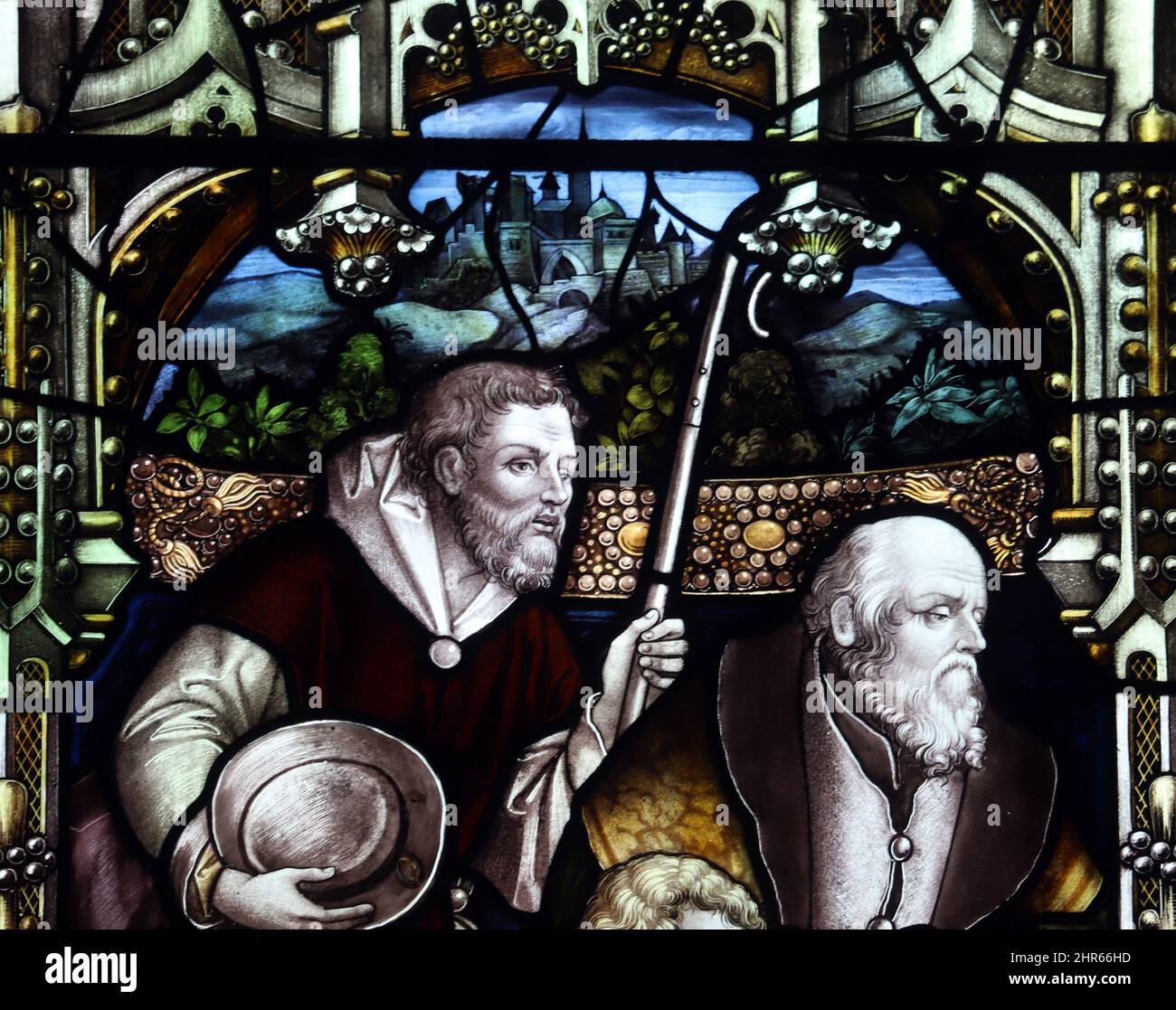 Stained glass window by Percy Bacon & Brothers, depicting the adoration of the shepherds, design; Ernest Geldart, St Mary's Church, Coddenham, Suffolk Stock Photo