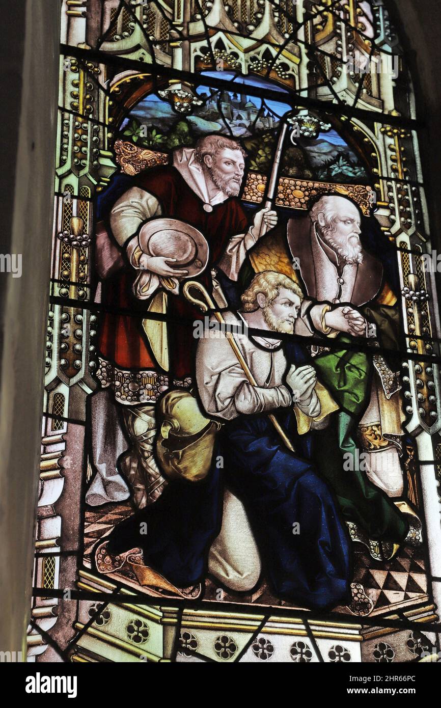 Stained glass window by Percy Bacon & Brothers, depicting the adoration of the shepherds, design; Ernest Geldart, St Mary's Church, Coddenham, Suffolk Stock Photo