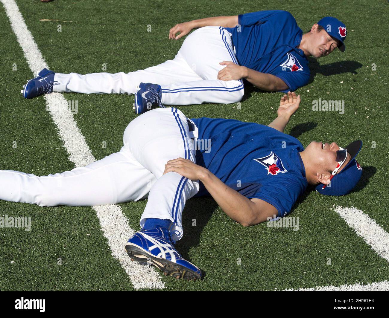 Toronto Blue Jays Tomo Ohka, top, and Munenori Kawasaki warm up at spring  training in Dunedin, Fla., on Wednesday, February 19, 2014. THE CANADIAN  PRESS/Frank Gunn Stock Photo - Alamy