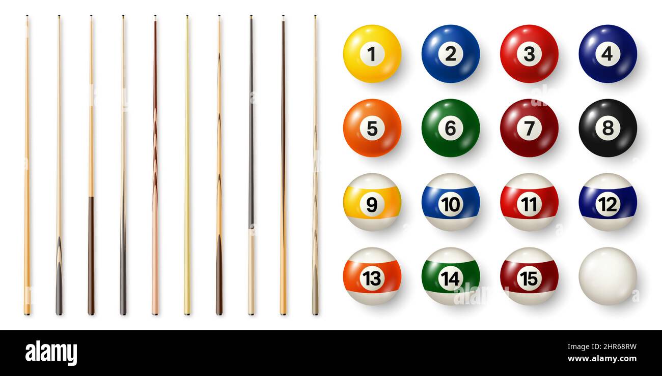 Colorful billiard balls with numbers and various pool cues. Glossy snooker ball. Sports equipment. Vector illustration. Stock Vector