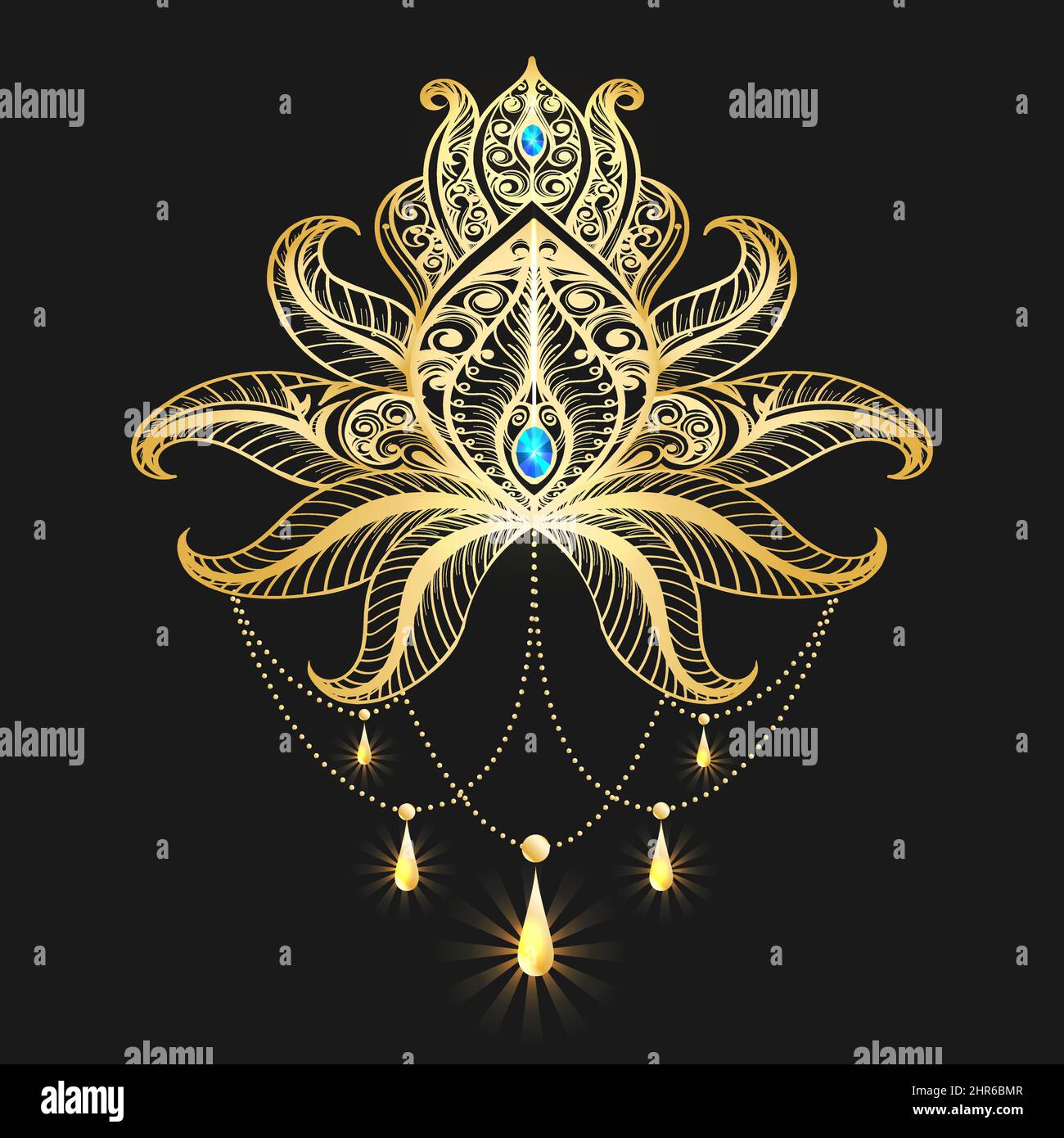 Golden Lotus Flower Mandala with Gems on Black Background. Vector illustration. Stock Vector