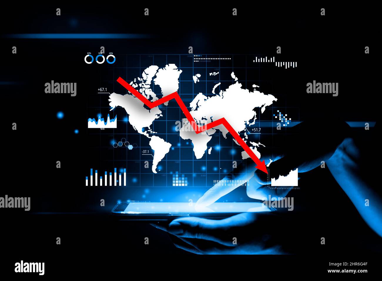 Concept of world crisis. A falling down arrow against the background of ...