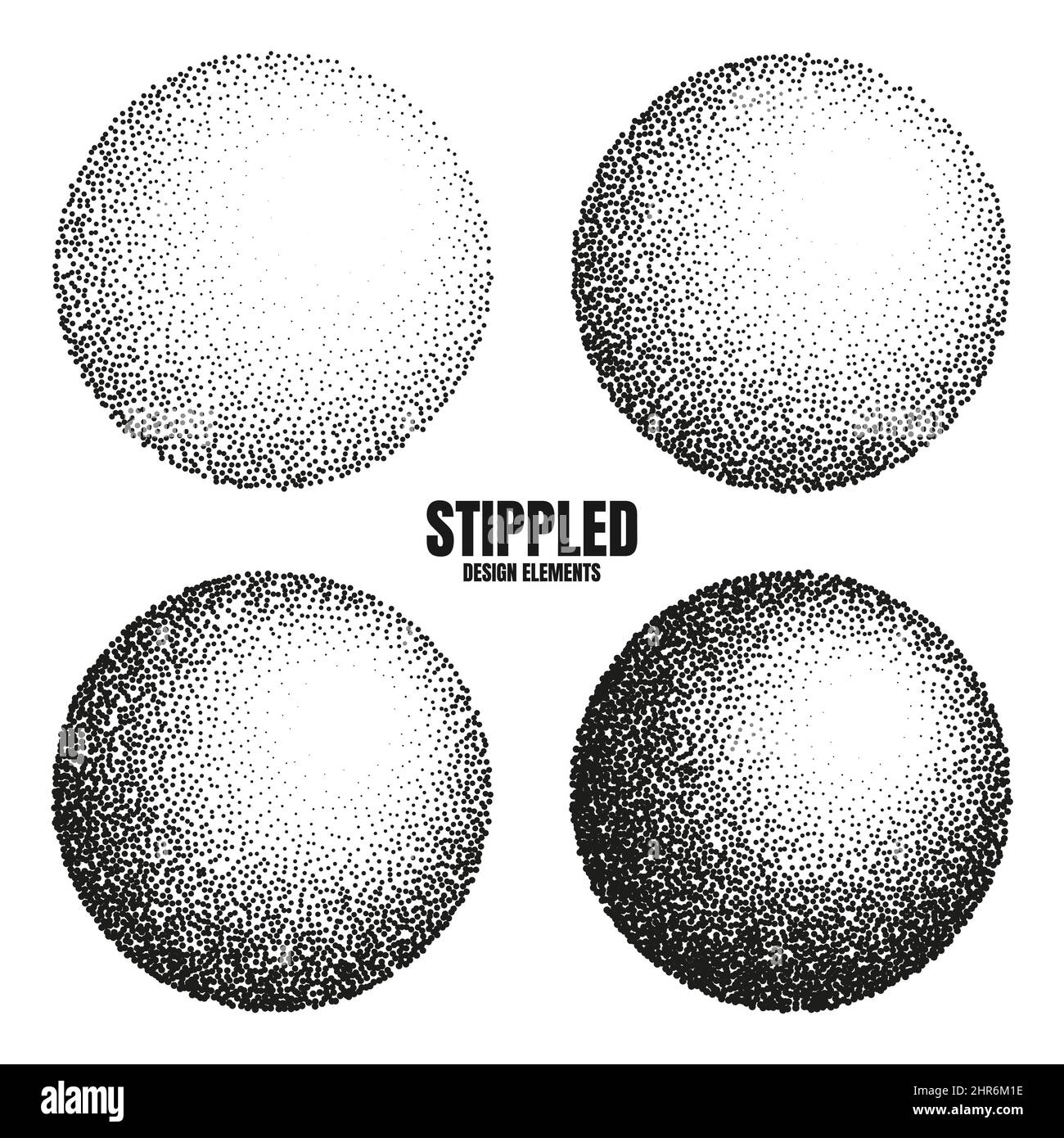 Round shaped dotted objects, stipple elements. Fading gradient