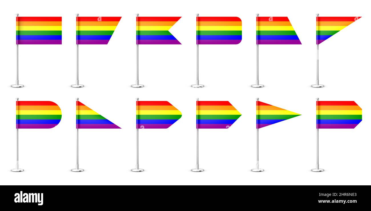 Realistic various table flags on a chrome steel pole. Rainbow LGBT desk flag made of paper or fabric. Shiny metal stand. Mockup for promotion and Stock Vector