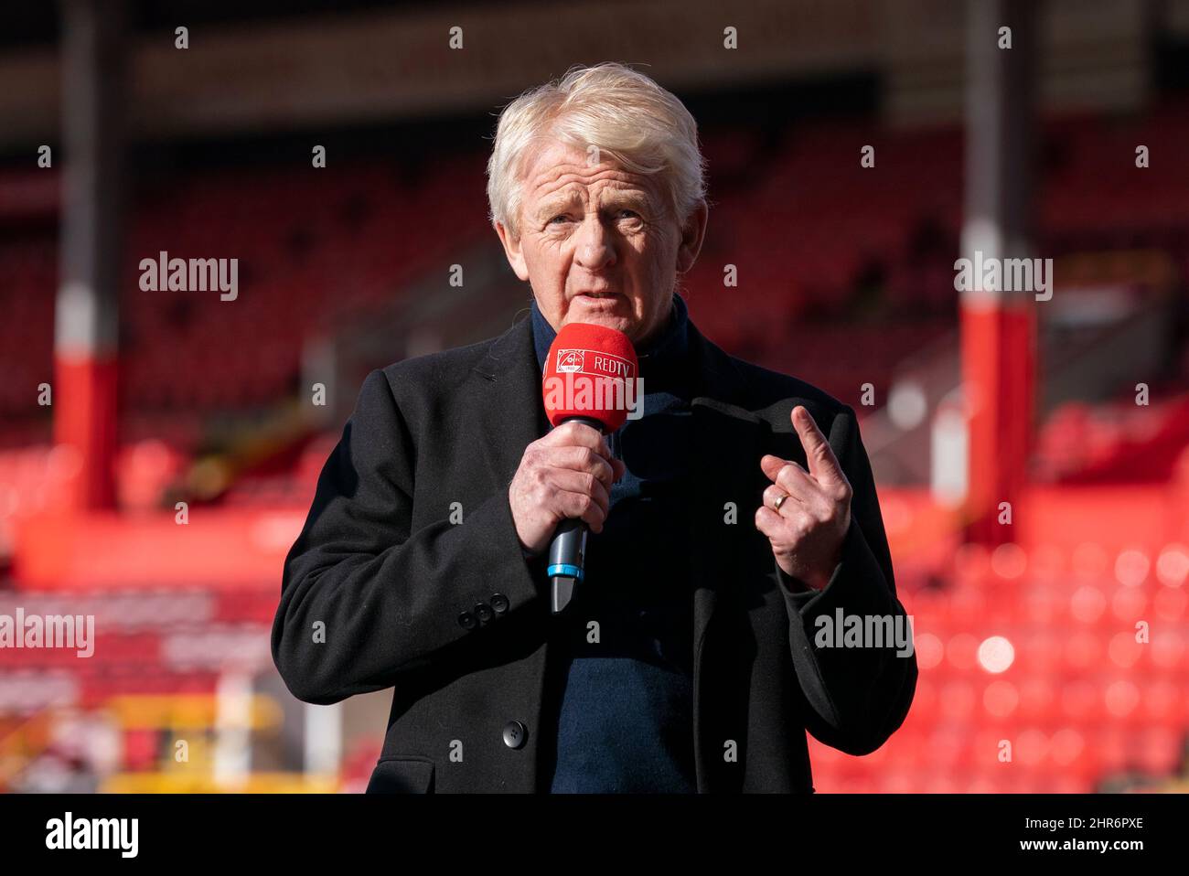 Former player Gordon Strachan speaks during the unveiling of the Sir Alex Ferguson statue, designed by sculptor Andy Edwards at Pittodrie, Aberdeen. Picture date: Friday February 25, 2022. Stock Photo