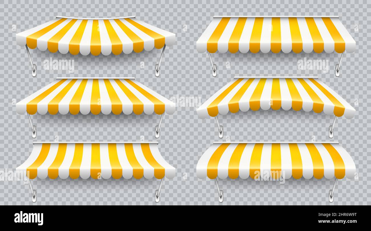 Shop sunshade with metal mount. Realistic yellow striped cafe awning ...
