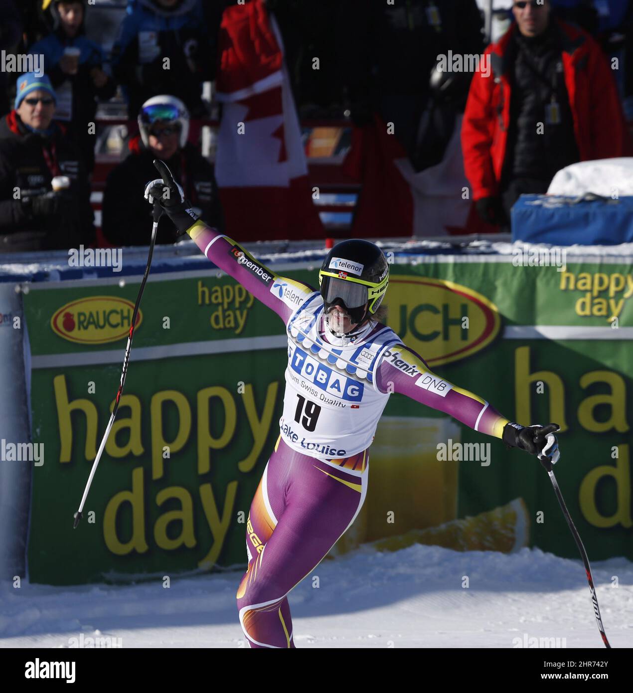 Norway's Kjetil Jansrud reacts in the finish area following his run at