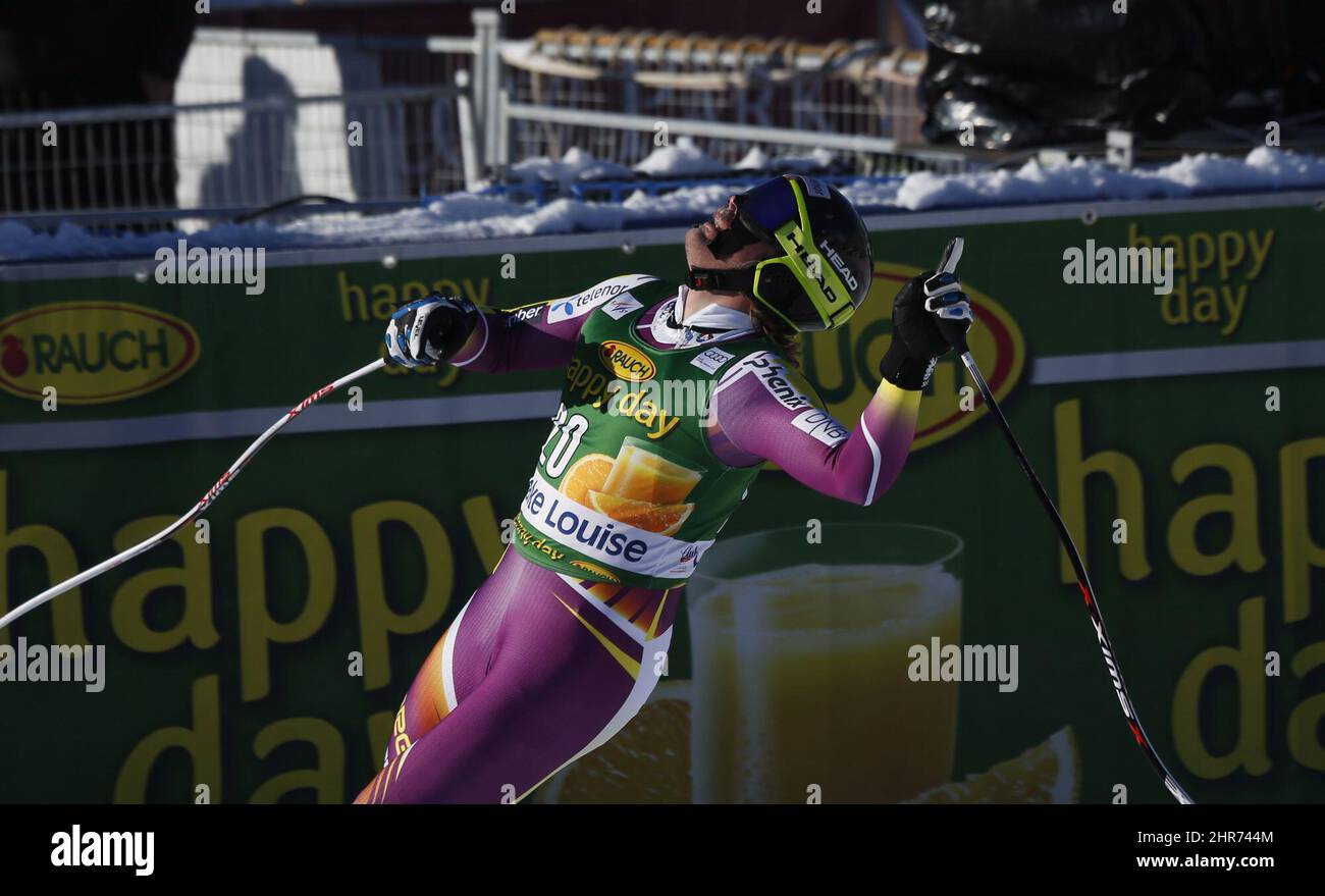 Norway's Kjetil Jansrud reacts in the finish area following his run at
