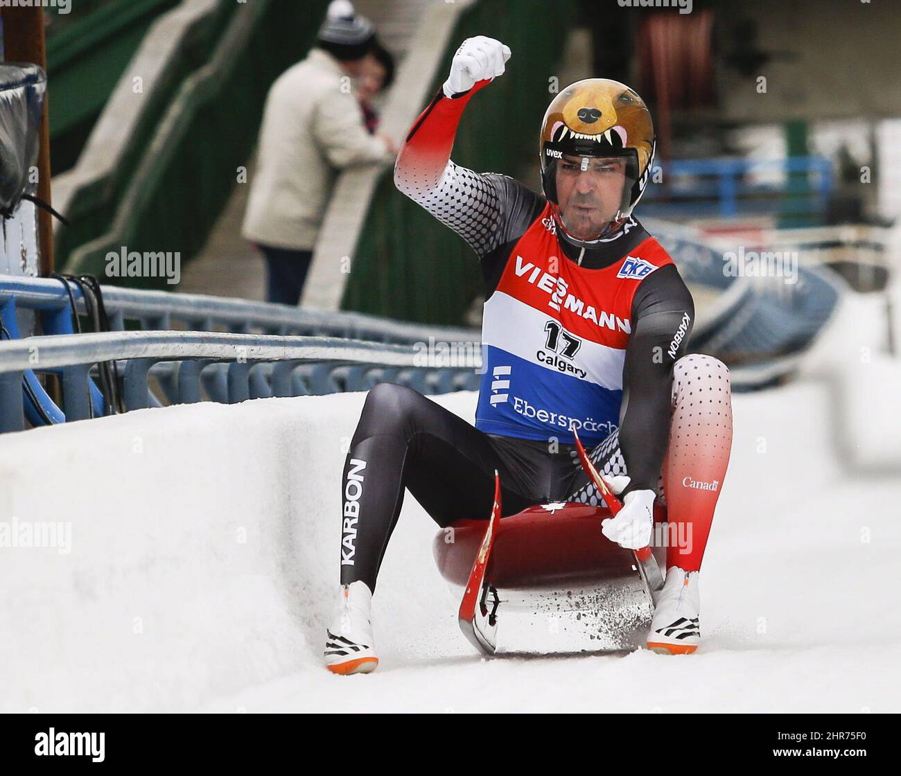 Canada's Samuel Edney celebrates his win at the men's World Cup luge event in Calgary Saturday, Dec. 13, 2014. THE CANADIAN PRESS/Jeff McIntosh Stock Photo