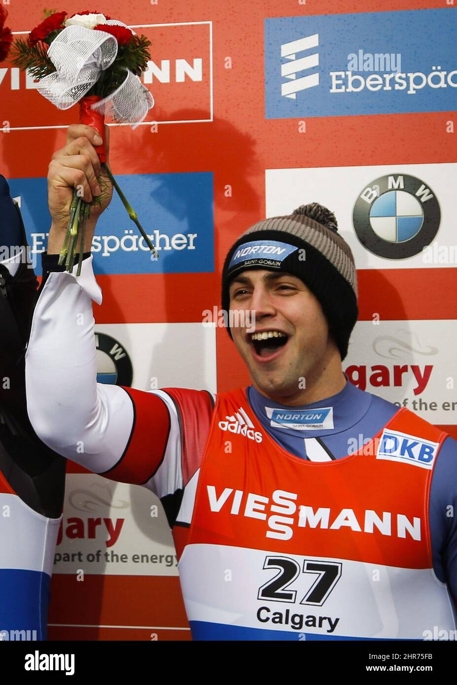 Third place finisher Chris Mazdzer, of the United States, at the men's World Cup luge event in Calgary Saturday, Dec. 13, 2014. THE CANADIAN PRESS/Jeff McIntosh Stock Photo