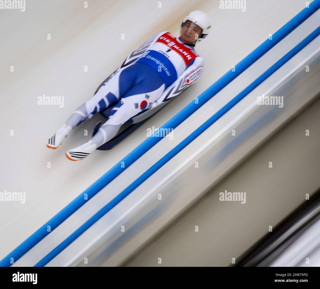 Korea's Dong-Hyeon Kim competes during the men's World Cup luge event in Calgary Saturday, Dec. 13, 2014. THE CANADIAN PRESS/Jeff McIntosh Stock Photo
