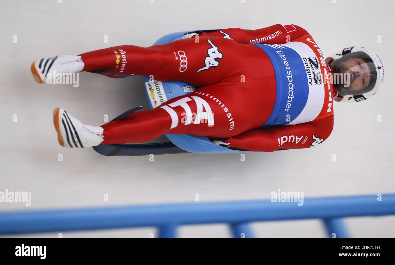 Italy's David Mair competes at the men's World Cup luge event in Calgary Saturday, Dec. 13, 2014. THE CANADIAN PRESS/Jeff McIntosh Stock Photo