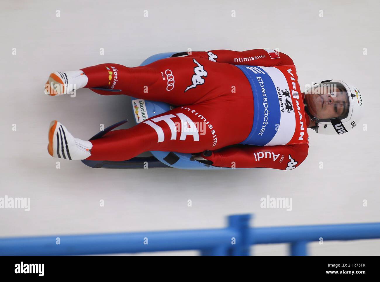 Italy's Emanuel Rieder competes at the men's World Cup luge event in Calgary Saturday, Dec. 13, 2014. THE CANADIAN PRESS/Jeff McIntosh Stock Photo