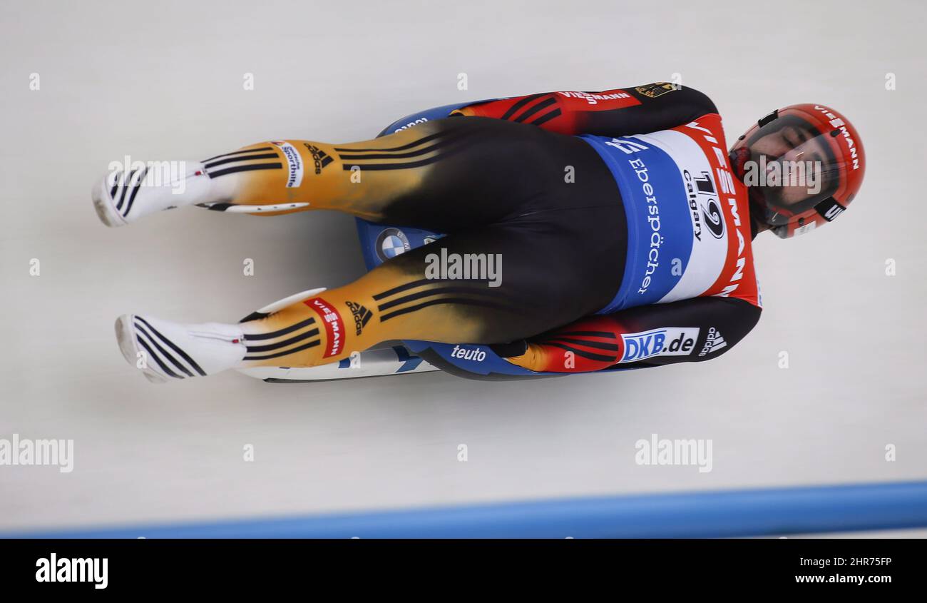 Germany's Andi Langenhan competes during the men's World Cup luge event in Calgary Saturday, Dec. 13, 2014. THE CANADIAN PRESS/Jeff McIntosh Stock Photo