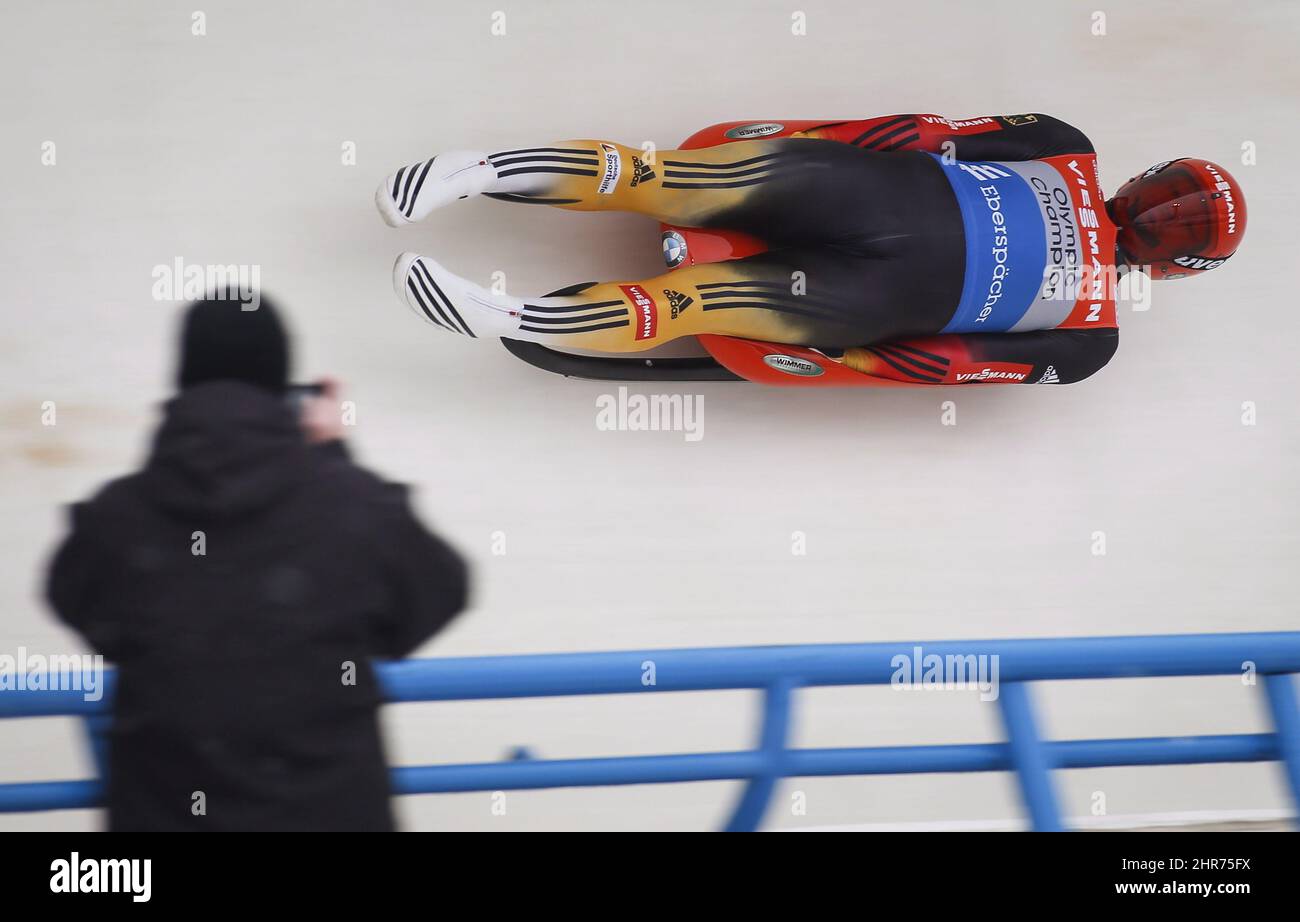 Germany's Felix Loch competes during the men's World Cup luge event in Calgary Saturday, Dec. 13, 2014. THE CANADIAN PRESS/Jeff McIntosh Stock Photo
