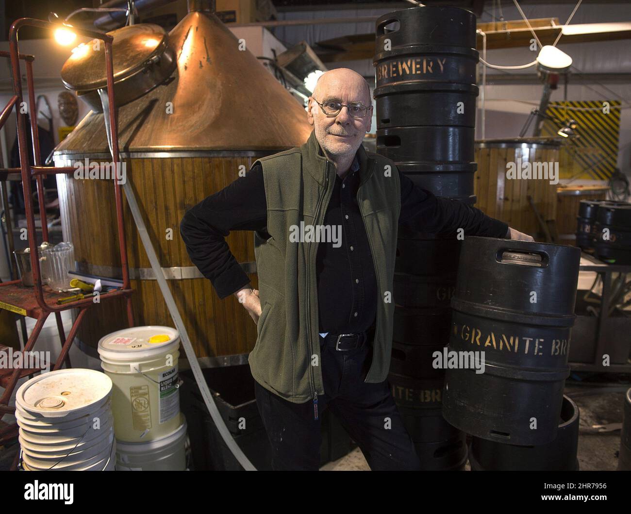 Kevin Keefe, owner of Granite Brewery and president of the Craft Brewers Association of Nova Scotia, stands in his brewing room on Sunday, Feb. 1, 2015. While Keefe was one of the early entrants in the brew pub business back in the 1980's, Nova Scotia now has become a hotbed of craft brewing with no less than 18 breweries and brew pubs now producing a wildly eclectic variety of beer. THE CANADIAN PRESS/Andrew Vaughan Stock Photo