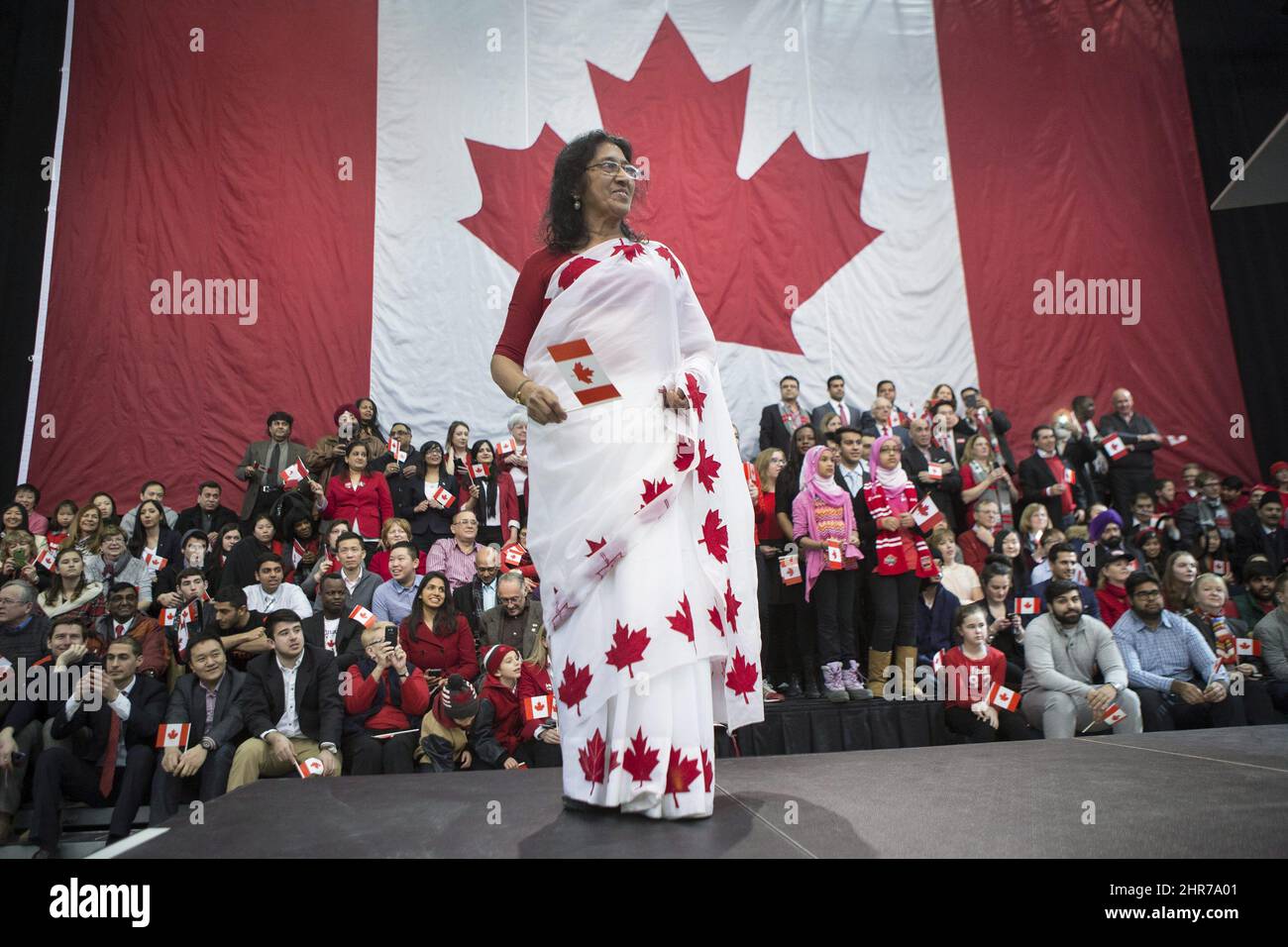 Mahdu Gajjar from Mississauga wears a sari bearing the Maple Leaf as
