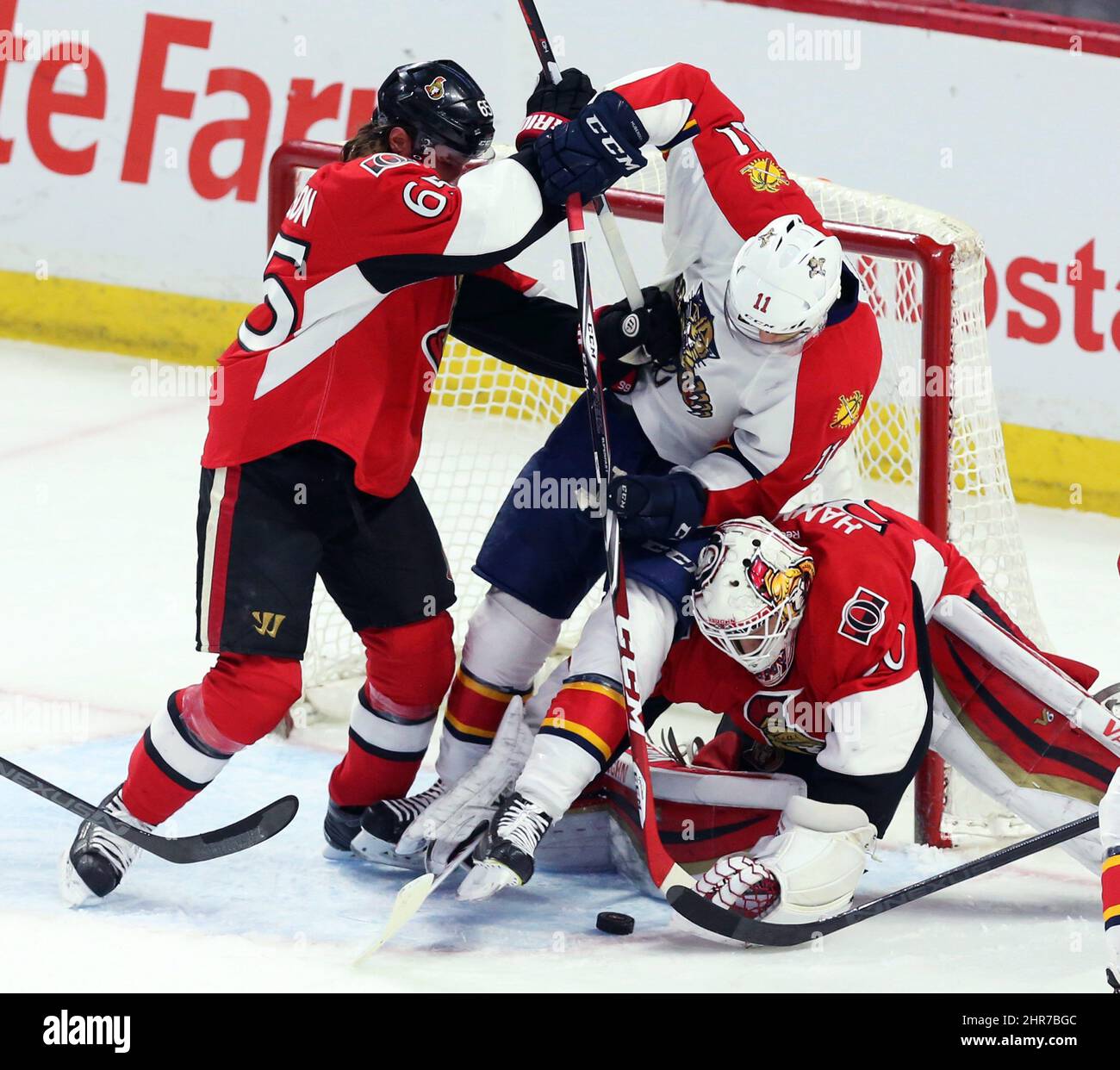 The Florida Panthers' Jonathan Huberdeau during warmups before the start of  a game against the Toronto Maple Leafs at the BB&T Center in Sunrise, Fla.,  on Friday, Jan. 18, 2019. (Photo by