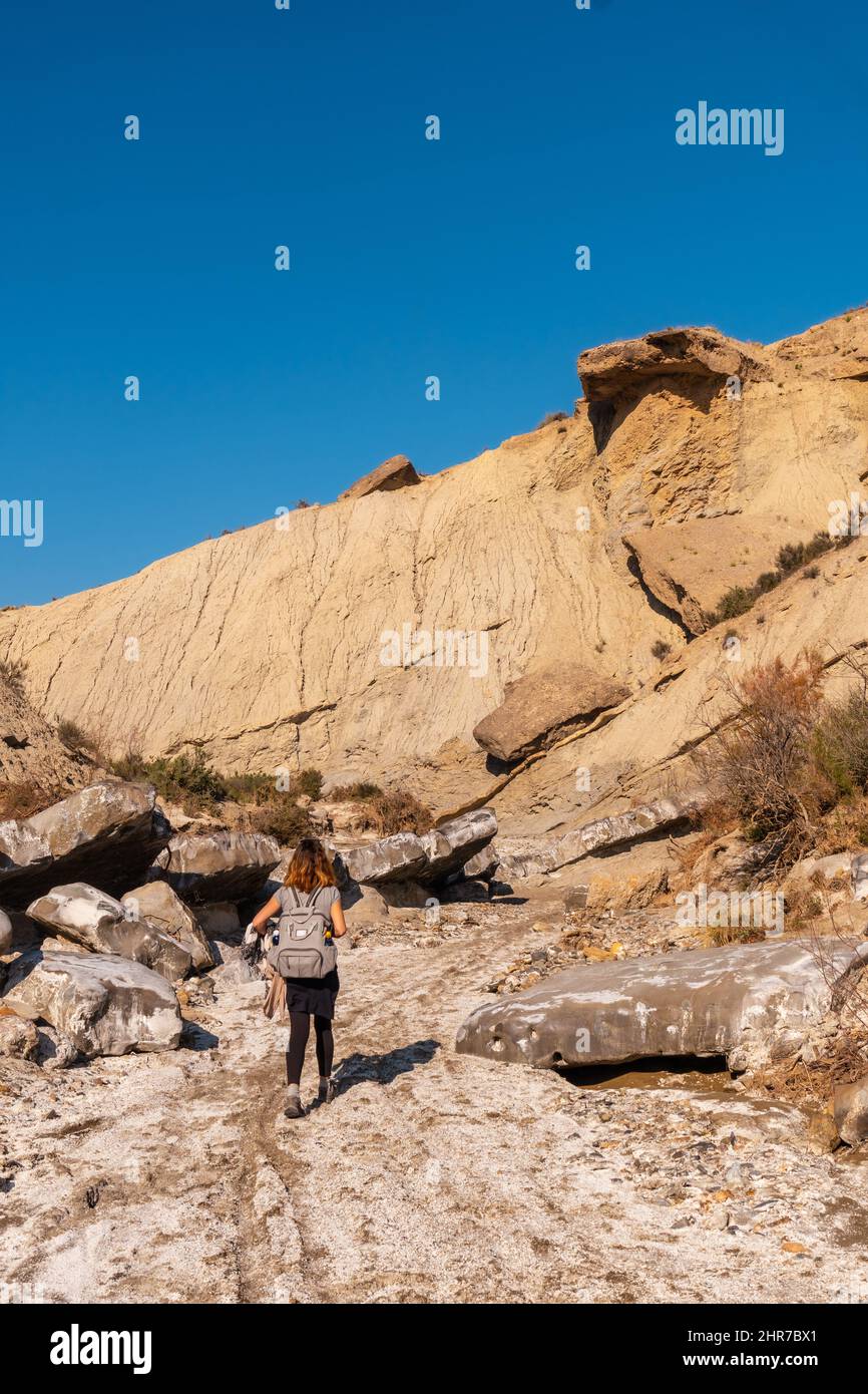 Back view of a young female Caucasian hiker with a backpack at the ...