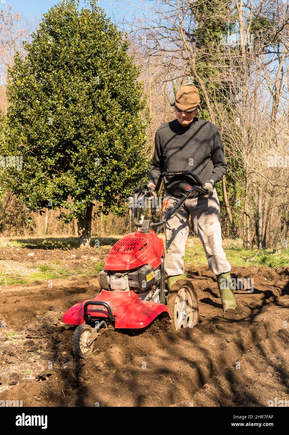 Senior man tilling ground soil with a rototiller in the garden. Spring