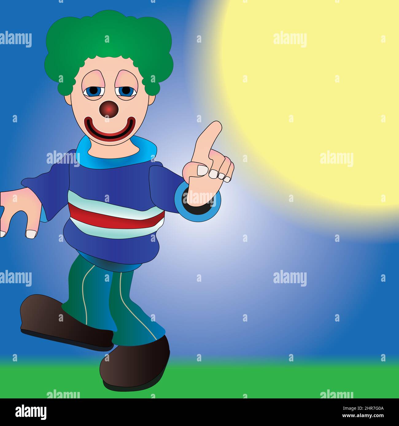 Sleepy clown pointing at the sun Stock Vector