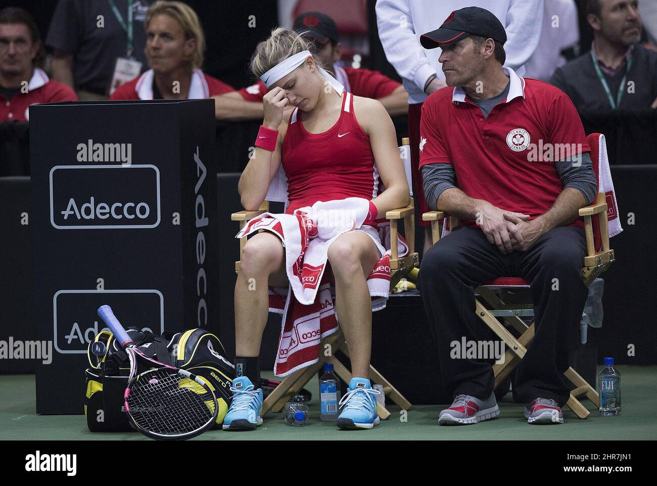 Canada's Eugenie Bouchard reacts during her Federal Cup tennis match  against Romania's Andreea Mitu as coach