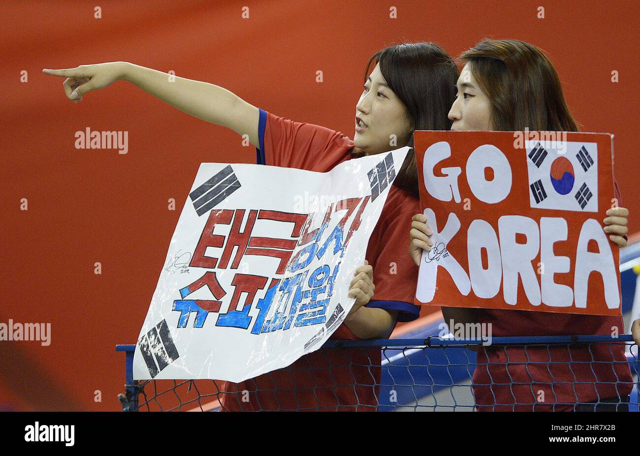 South Korea fans point to a player on the pitch prior to Korea's FIFA