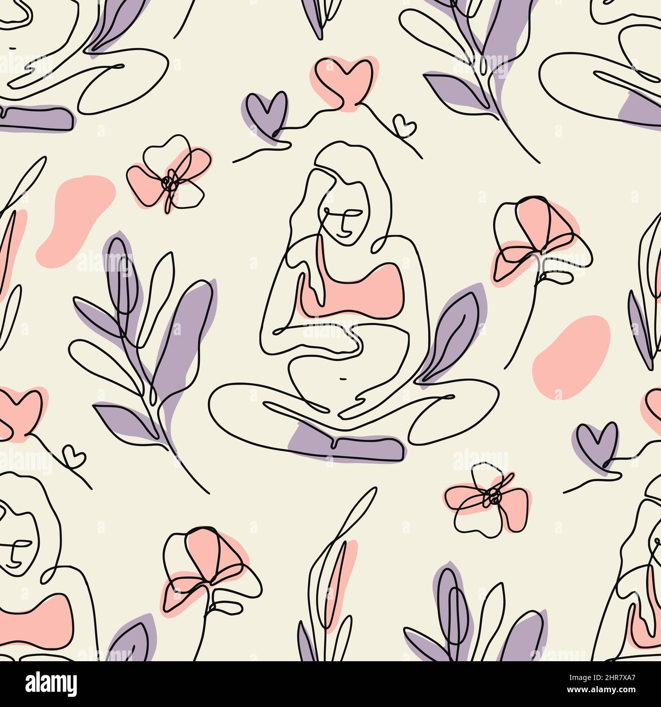 Pregnant woman seamless elegant one line beige seamless pattern Stock Vector