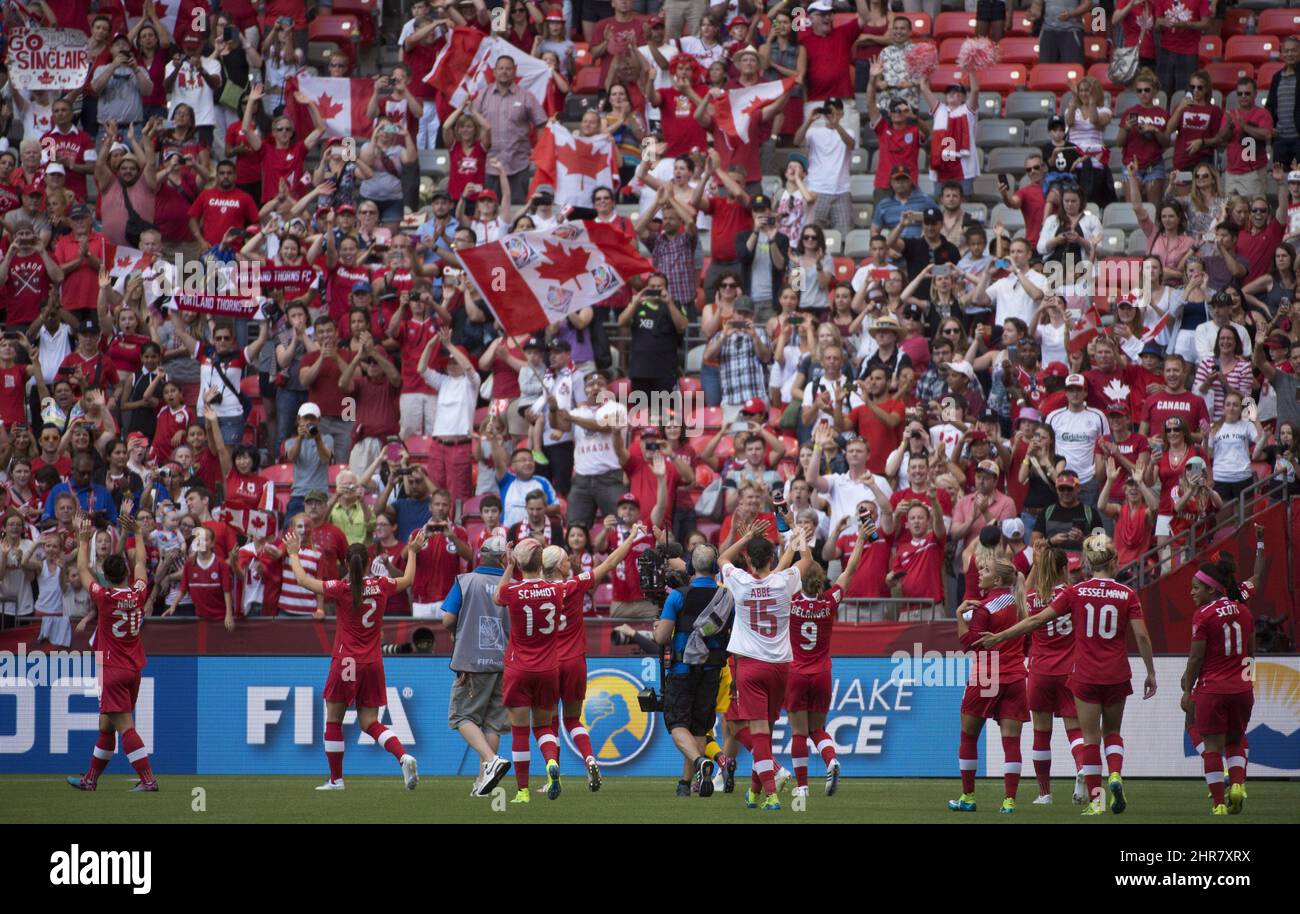 Team Canada celebrates its 1-0 win over Switzerland following the