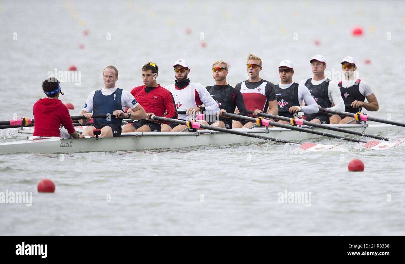 Canada's men's eight rowing team warms up ahead of their final at the 2015 Pan Am Games on the Royal Canadian Henley Rowing Course in St. Catharines, Ont., Wednesday, July 15, 2015. THE CANADIAN PRESS/Aaron Lynett Stock Photo