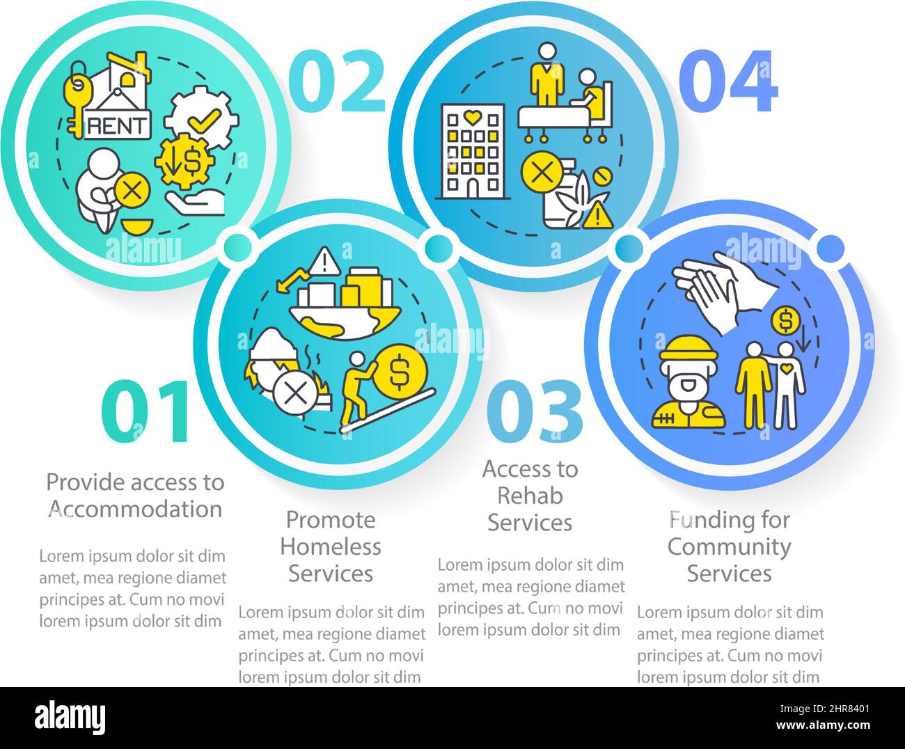 Homeless assistance programs circle infographic template Stock Vector