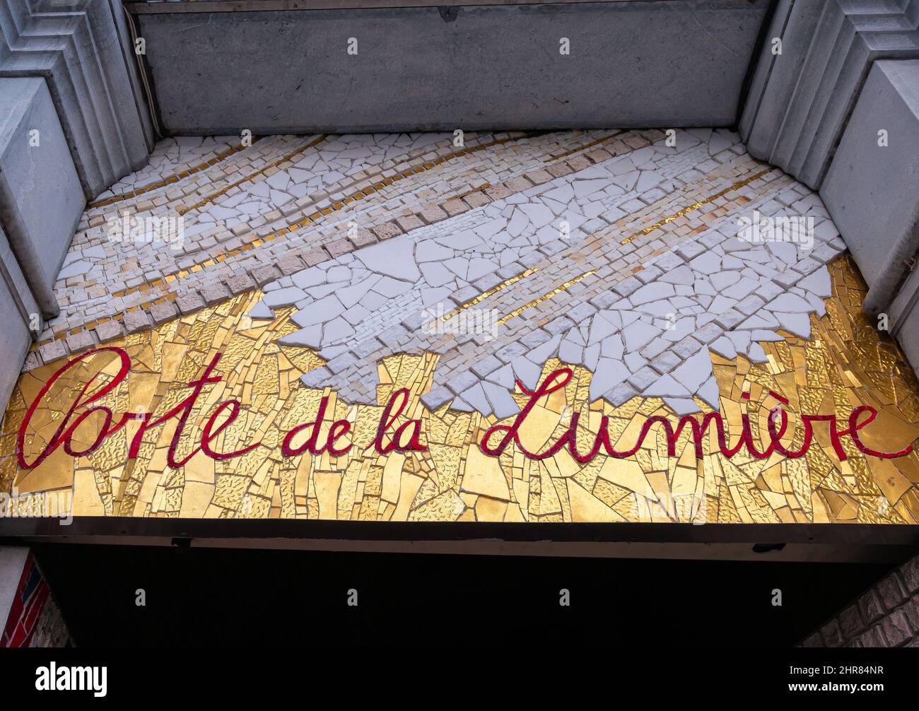 Lourdes, France - January 5, 2022: Porte de la Lumiere in Lourdes. Translation: The door of Light Stock Photo