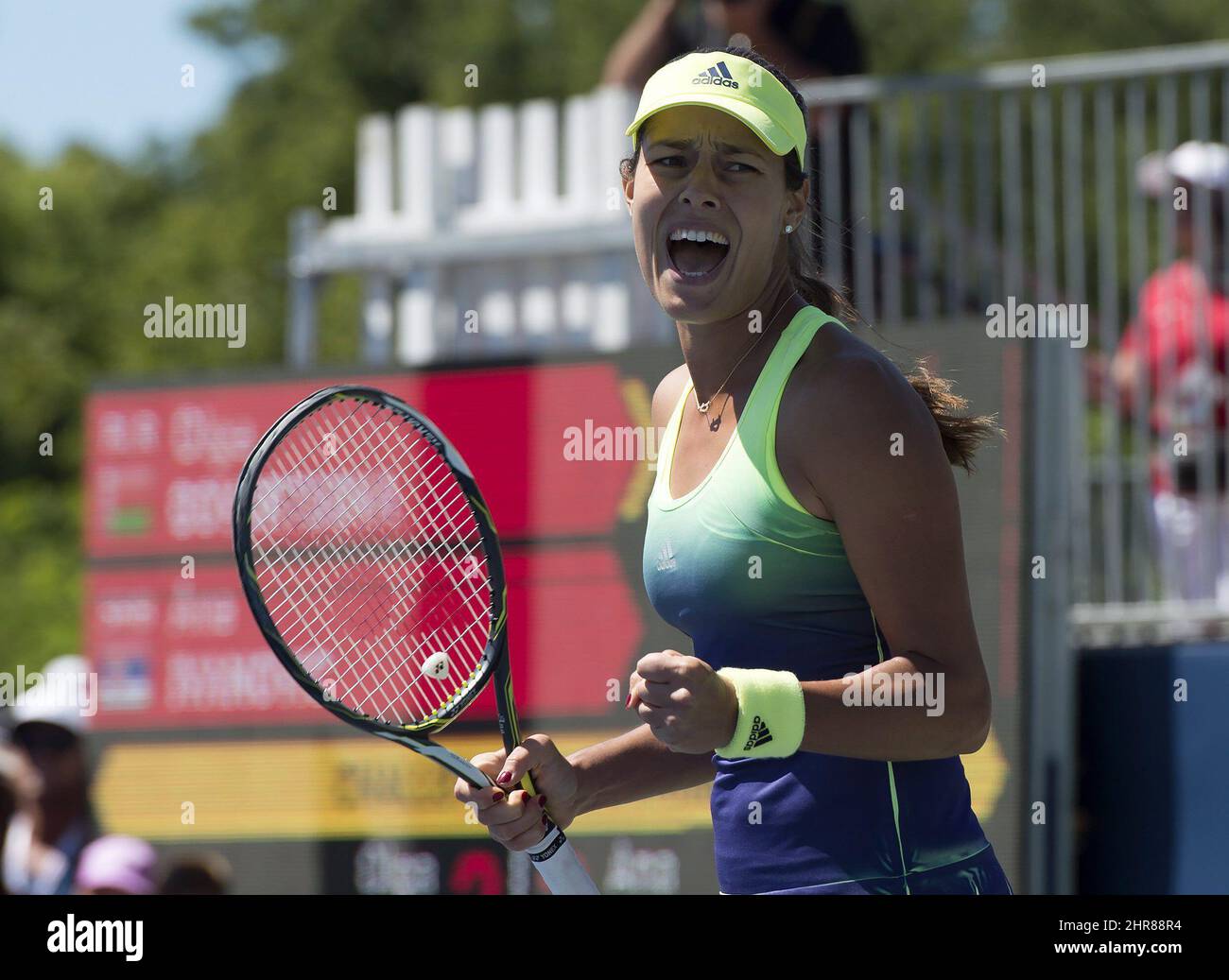 Ana Ivanovic of Serbia celebrates her victory over Olga Govortsova of  Belarus during tennis action at Rogers Cup in Toronto on Wednesday August  12, 2015. THE CANADIAN PRESS/Frank Gunn Stock Photo - Alamy