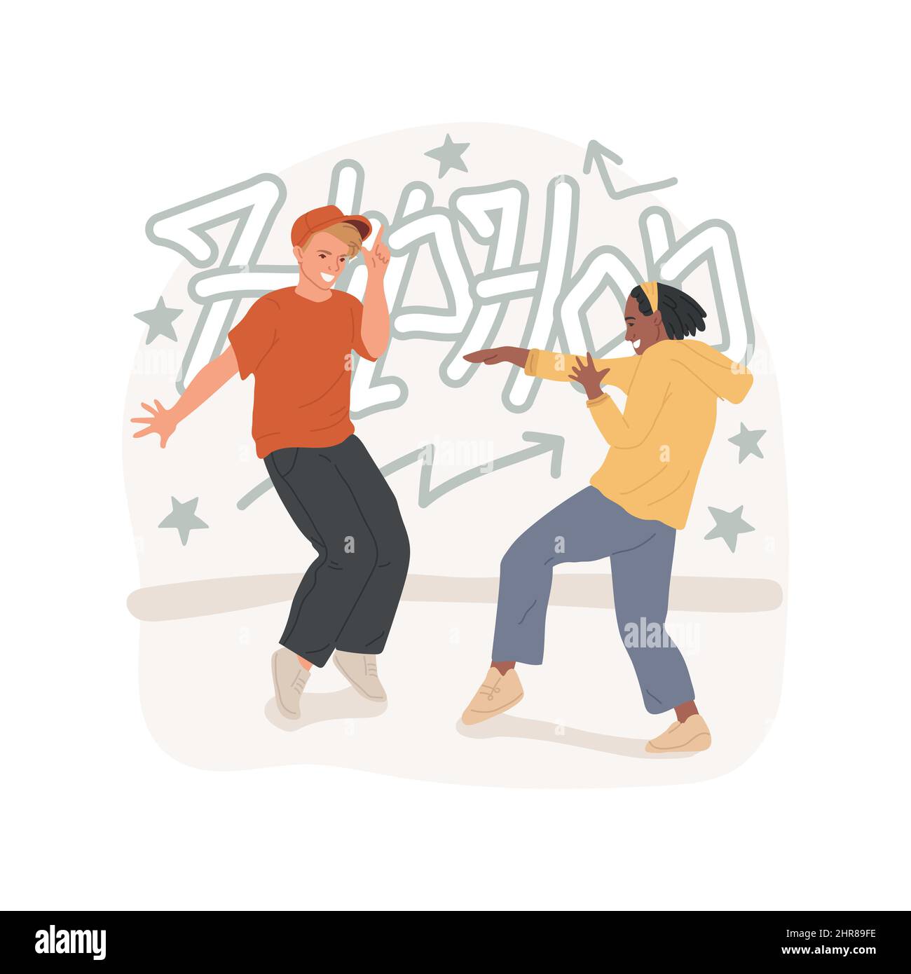 Hip hop battle isolated cartoon vector illustration. Young teenage boys dancing hip-hop, teens lifestyle, leisure time together, having fun with friends, music world vector cartoon. Stock Vector