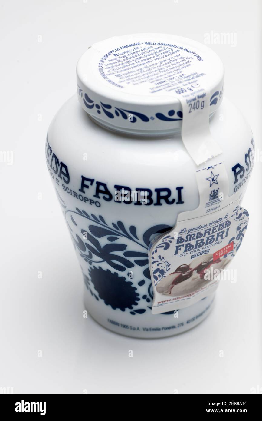 Jar of Amarena Fabri Cherries Stock Photo