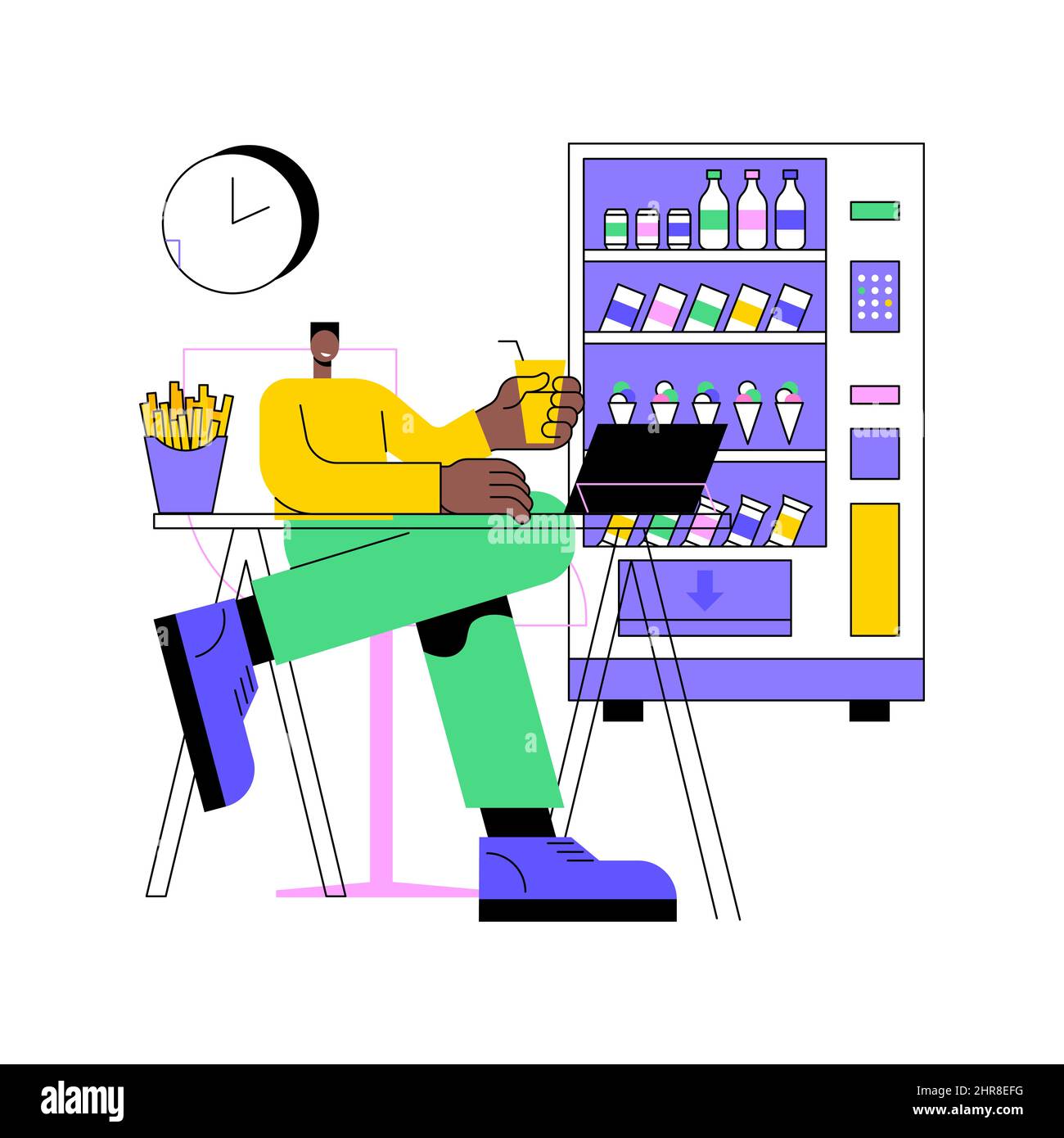 Snacking non-stop abstract concept vector illustration. Mindless snacking, junk food, non-stop eating while working, reduce cholesterol use, diet and nutrition, addictive habit abstract metaphor. Stock Vector