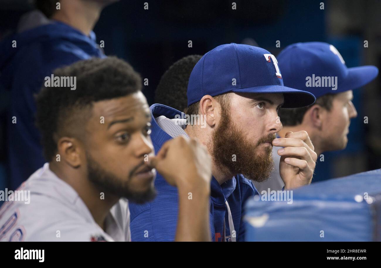 Texas Rangers' Delino DeShields (left), Texas Rangers' Joey Gallo (center)  and Washington Nationals' Bryce Harper (right) socialize prior to a  baseball game against the Texas Rangers, Sunday, June 11, 2017, in  Washington. (