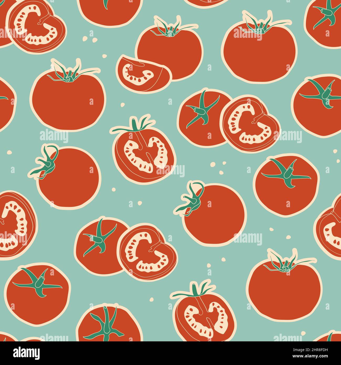 Vintage vector seamless pattern with red tomatoes on a blue background. Whole fruit cut in half and quarter. Repetitive elements. Stock Vector