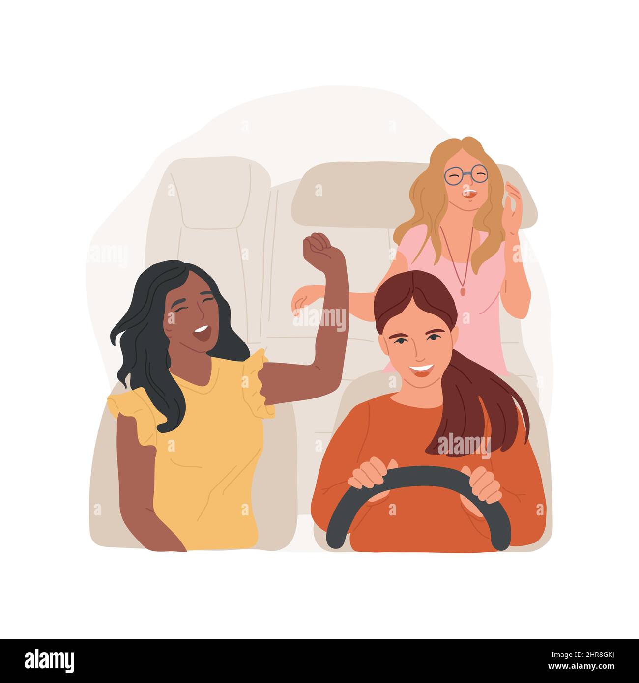 Singing in the car isolated cartoon vector illustration. Girls first car, hanging out with teenage, happy leisure time together, teen driving and laughing, women having fun vector cartoon. Stock Vector