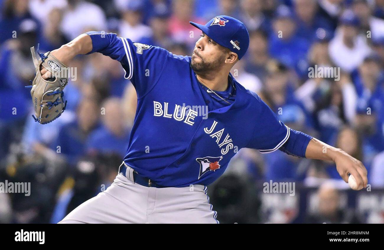Toronto Blue Jays starting pitcher David Price delivers to the Kansas City Royals during second inning game six American League Championship Series baseball action in Kansas City, Mo., on Friday, October 23, 2015. Price can join a select list of Blue Jays on Wednesday when the American League Cy Young Award winner is announced. THE CANADIAN PRESS/Nathan Denette Stock Photo