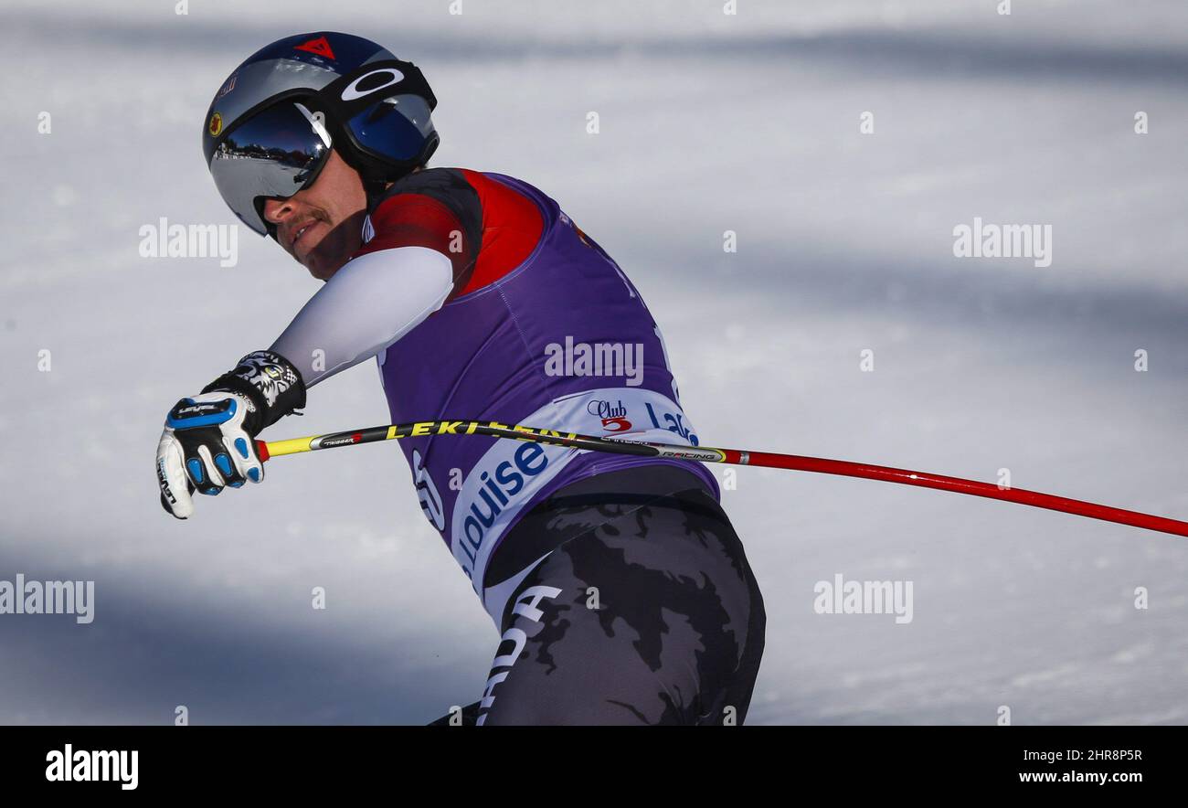 Canada's Erik Guay reacts in the finish area following his run at the