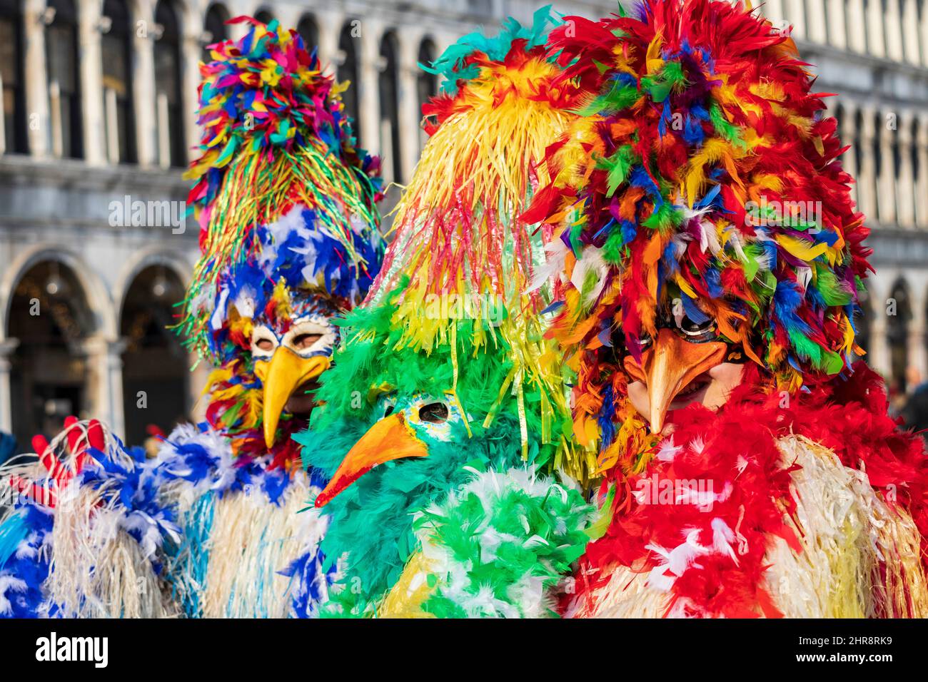 Venice, Italy. 25th Feb, 2022. Colourful costumes at the Carnival in Venice 2022. Three people in colourful chicken costumes in St. Mark's Square. Credit: Vibrant Pictures/Alamy Live News Stock Photo