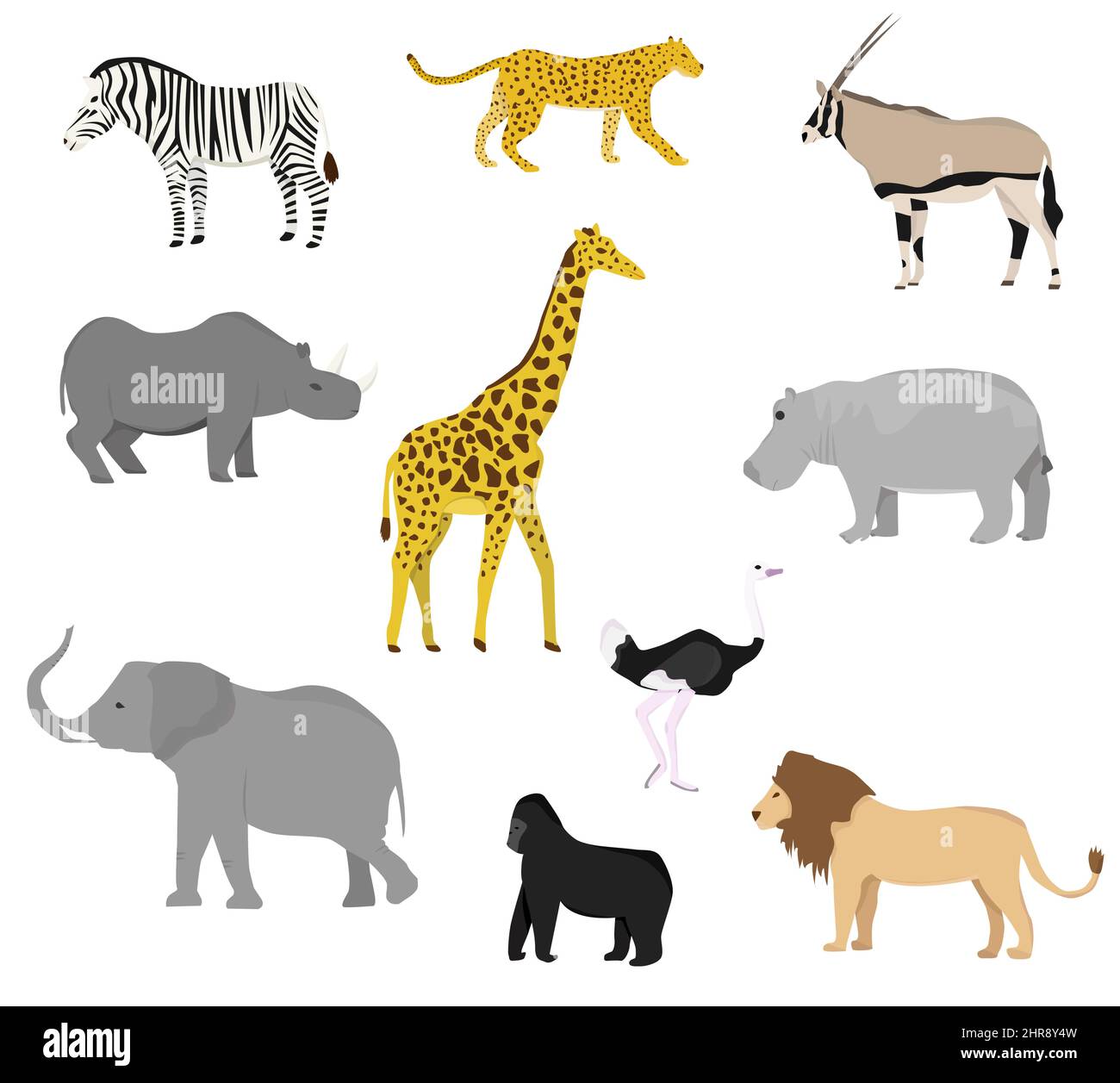 Set with African wild animals. Flat style. Giraffe, elephant, hippo, rhinoceros, zebra, monkey, orangutan, antelope, cheetah, lion, leopard, ostrich. Stock Vector