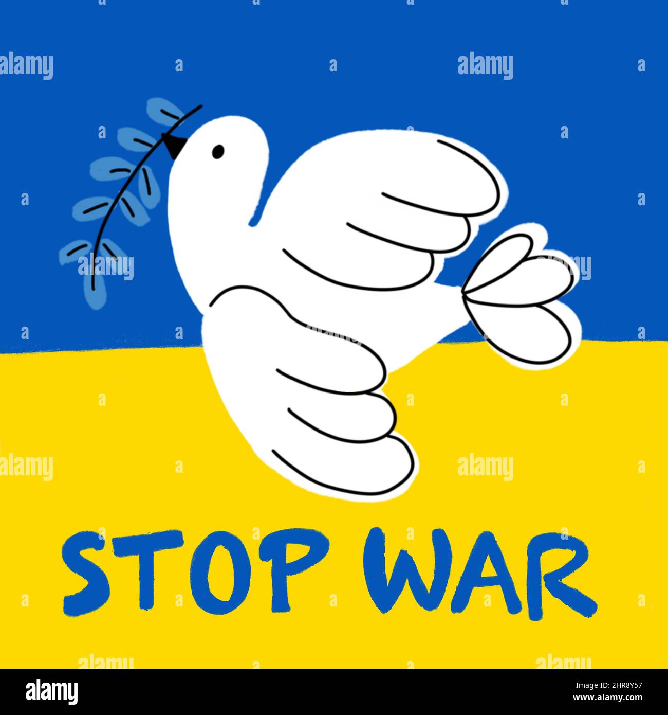 Dove of peace Ukraine Russia war stop war illustration hand drawn. Blue and yellow Ukrainian national colors. Support Ukraine drawing flying bird Stock Photo