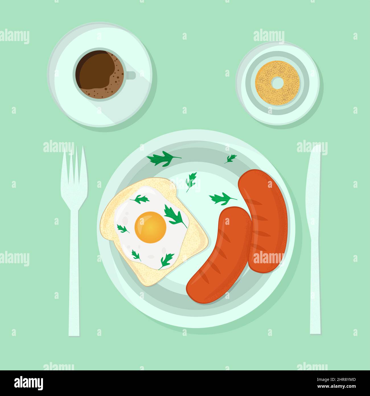 Vector breakfast time illustration with flat icons. Egg, toast ...