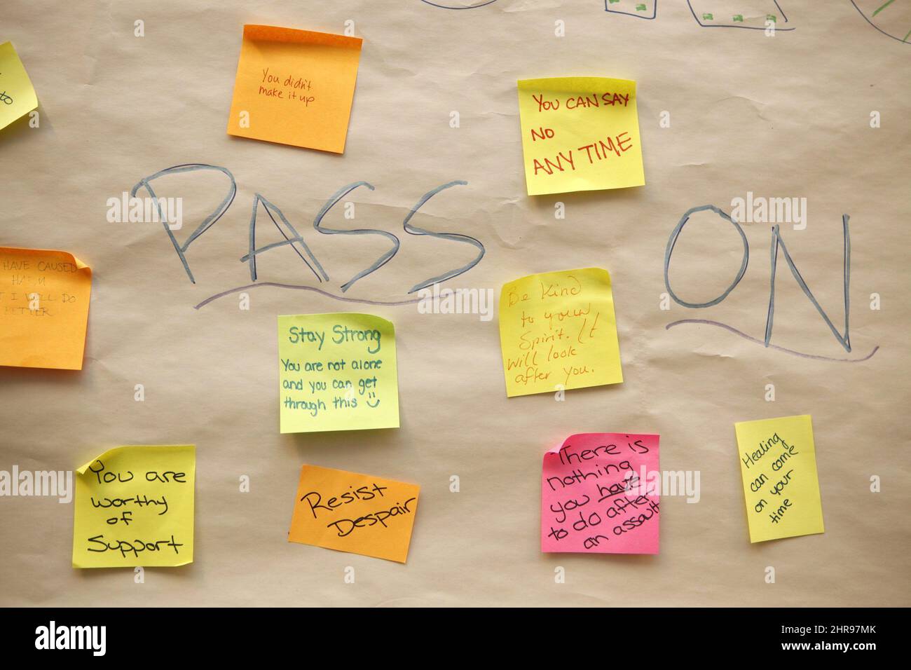 A sign created by students in September 2015 as part of the anti-violence project, following an assault on campus contains messages of support and knowledge at UVic in Victoria, B.C., Friday, March 4, 2016. THE CANADIAN PRESS/Chad Hipolito Stock Photo