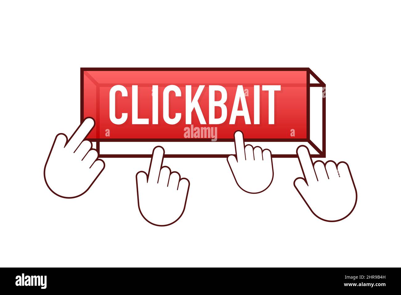 Clickbait red button. Hand click icon symbol. Cursor arrows, push button. Vector stock illustration. Stock Vector